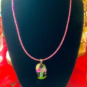 Dichroic Glass Pendant Necklace with Pink Miyuki Seed Beads